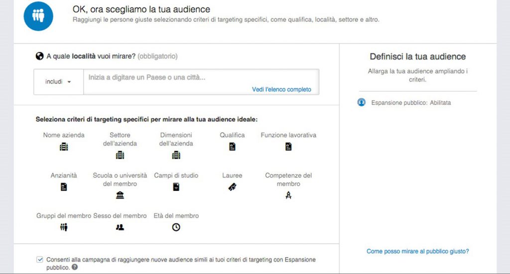 Criteri di targeting - pubblicità su LinkedIn